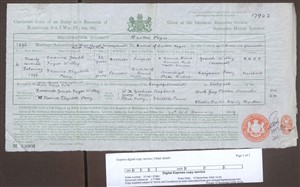 Photo:Certificate of Marriage between Florence Parry and Frederick Willey, 1896