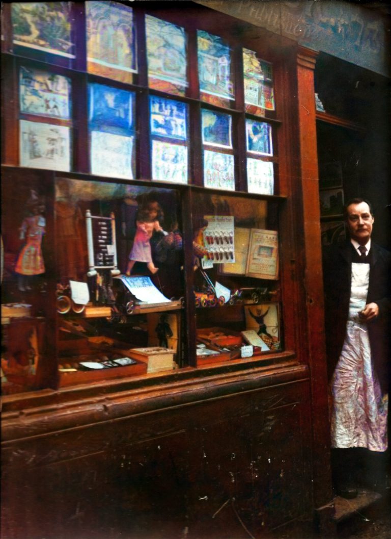 Benjamin Pollock outside his toy shop in or around 1912